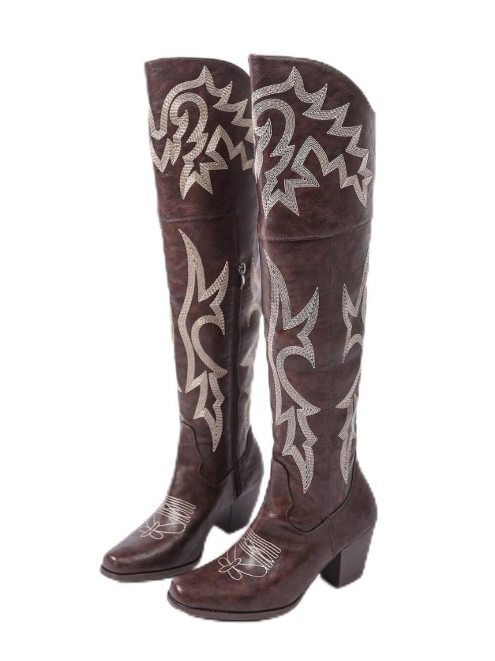 Womenโs Over-the-Knee Western Cowboy Boots โ Square Toe PU Leather Embroidered